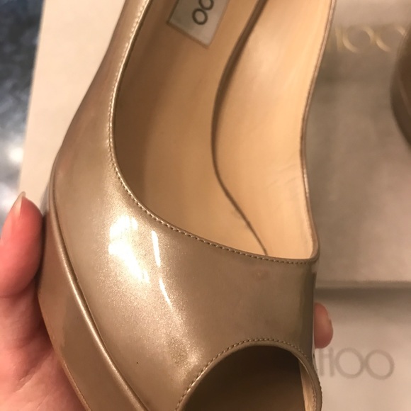 Jimmy Choo Luna 100 Taupe Patent Peep Toe Heels - Picture 6 of 7